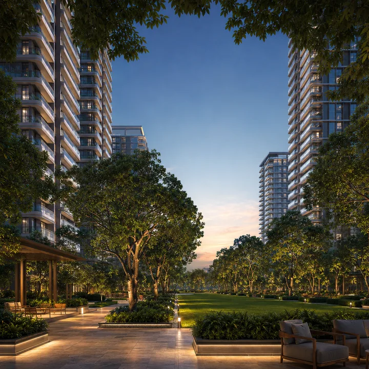 Mahindra Navrat Sadahalli central landscape spine - shaded walkways, specimen tree canopy and lawn running between the towers Mahindra Navrat Sadahalli central landscape spine - shaded walkways, specimen tree canopy and lawn running between the towers