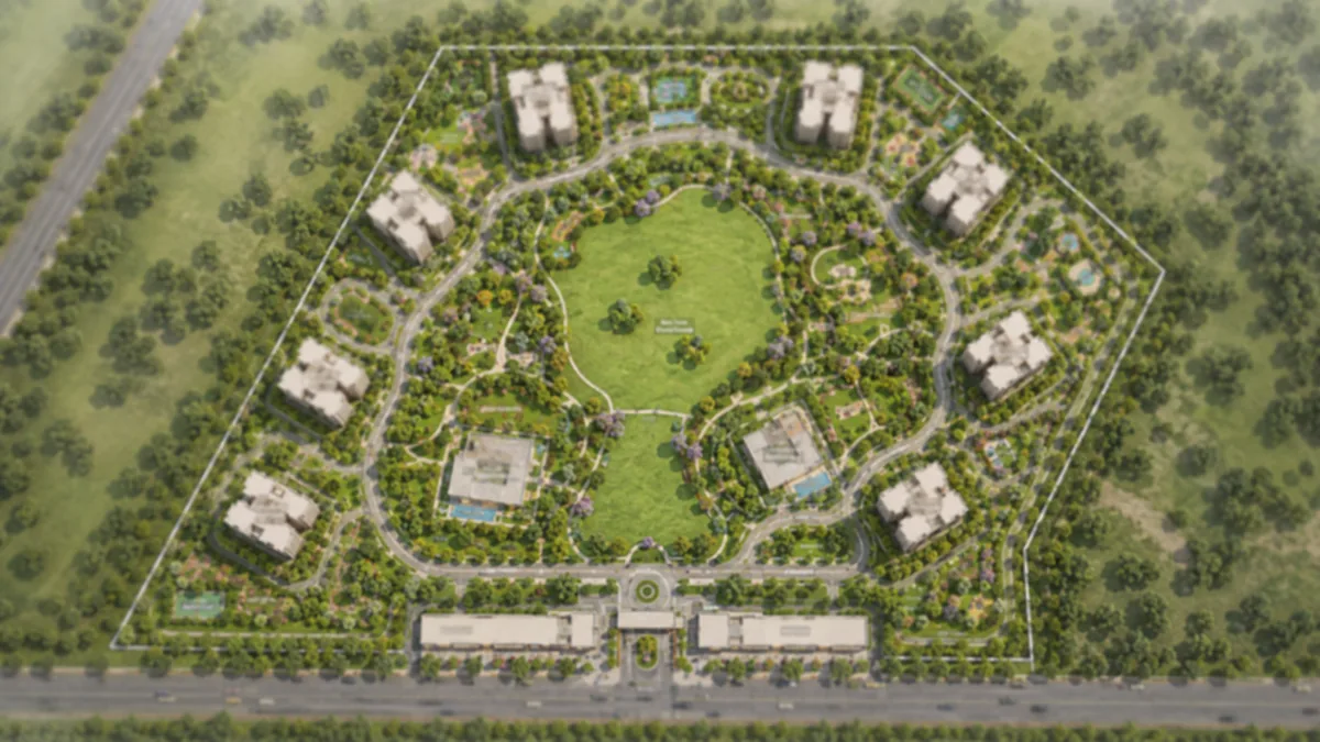 Mahindra Navrat Sadahalli master plan site layout showing the ten tower footprints around the central landscaped green, the two clubhouses and the commercial block Mahindra Navrat Sadahalli master plan site layout showing the ten tower footprints around the central landscaped green, the two clubhouses and the commercial block